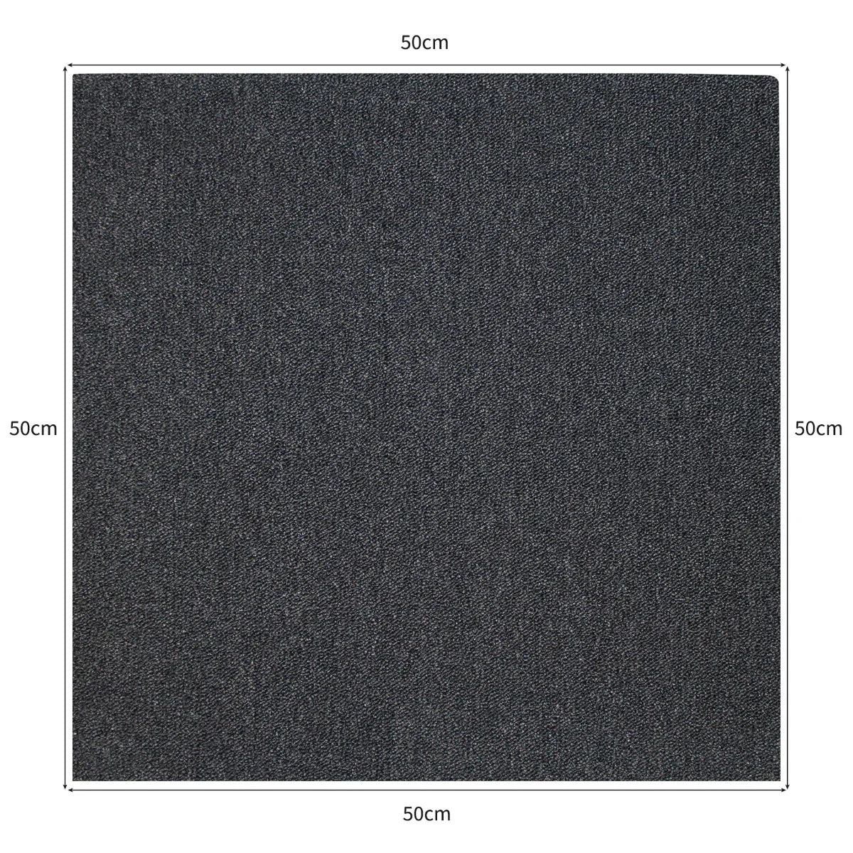 Charcoal black carpet tile measuring 50cm x 50cm, featuring a textured surface ideal for modern flooring solutions