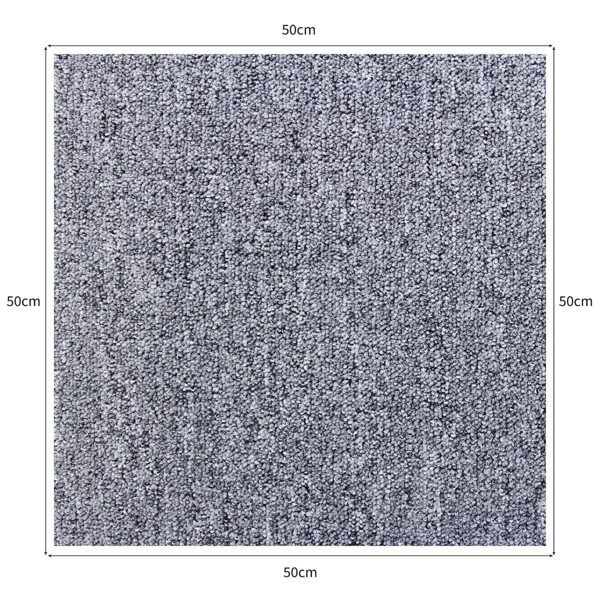 Platinum grey carpet tile measuring 50cm x 50cm, featuring a soft, textured surface ideal for modern interiors