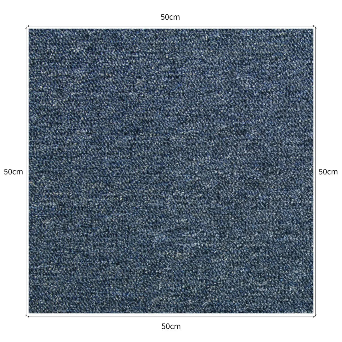 Storm blue carpet tile measuring 50cm x 50cm, featuring a textured, woven surface ideal for modern interiors