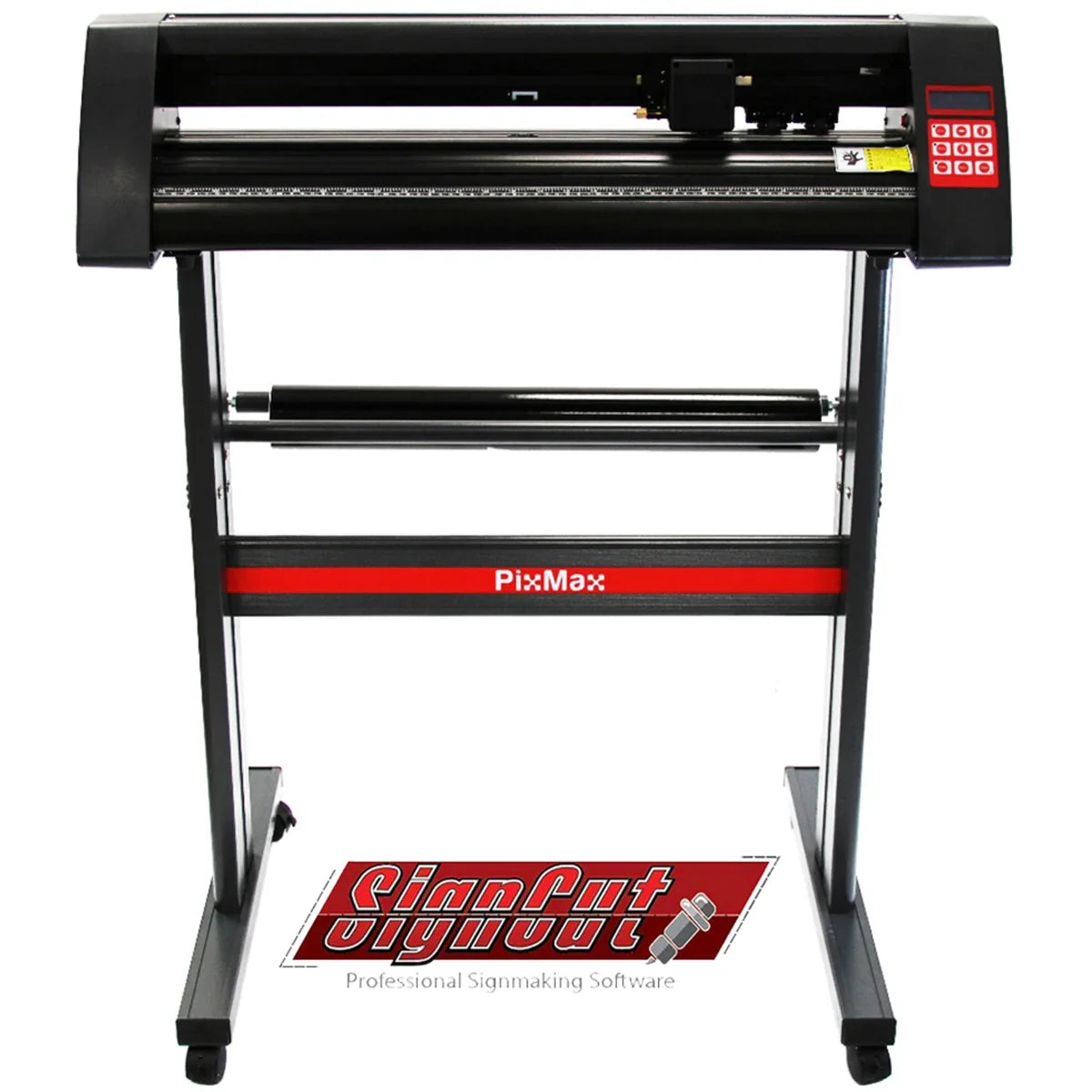 PixMax vinyl cutter features a sleek black design with red accents, ideal for precise cutting on Mac and Windows using SignCut Pro