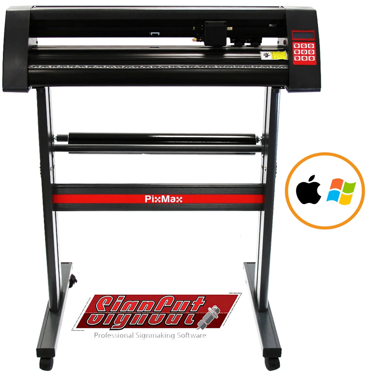PixMax Vinyl Cutter features a sleek black design with red accents, compatible with Mac and Windows, ideal for precision sign making
