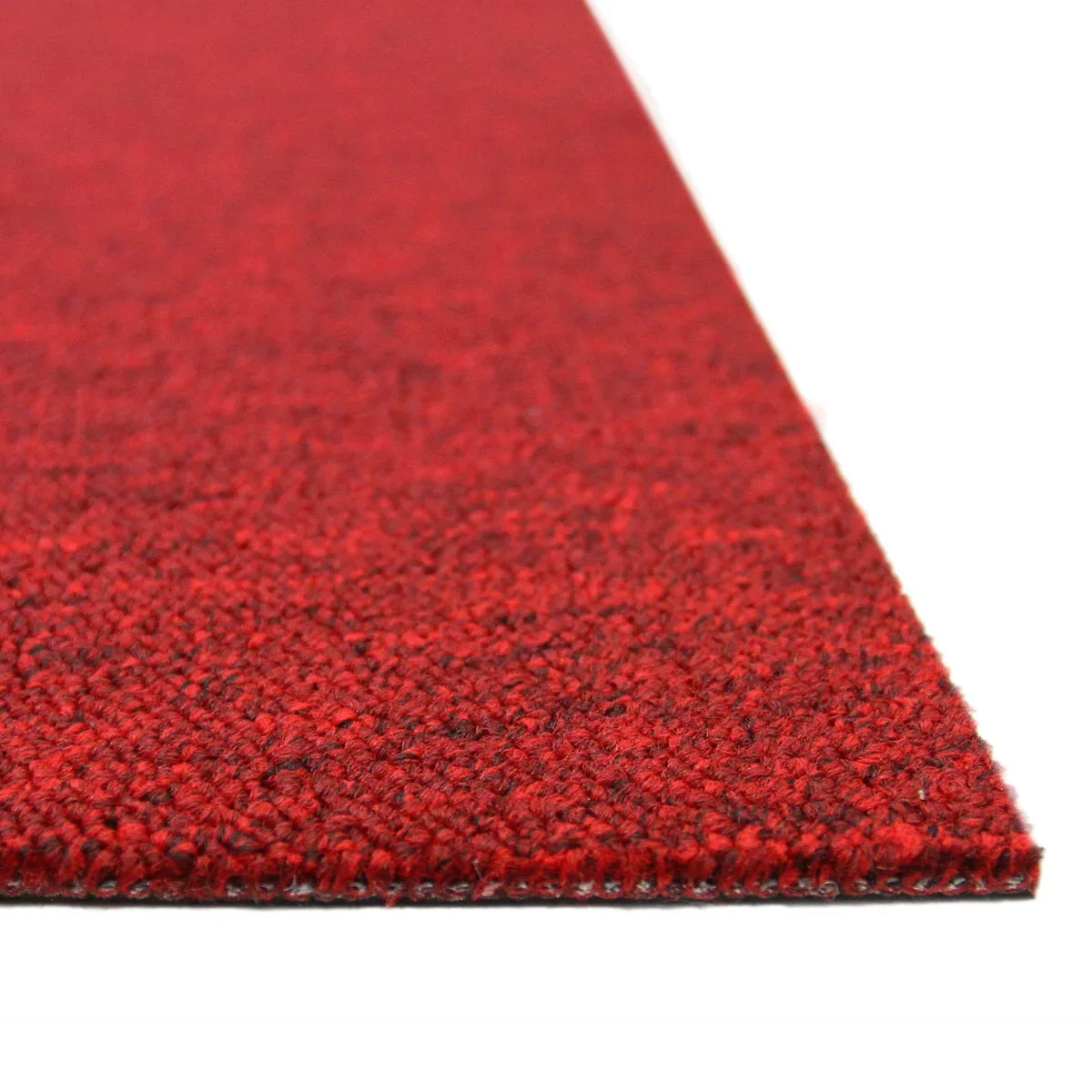 Scarlet red carpet tile with a textured surface, showcasing a rich color and durable edge, ideal for stylish flooring solutions
