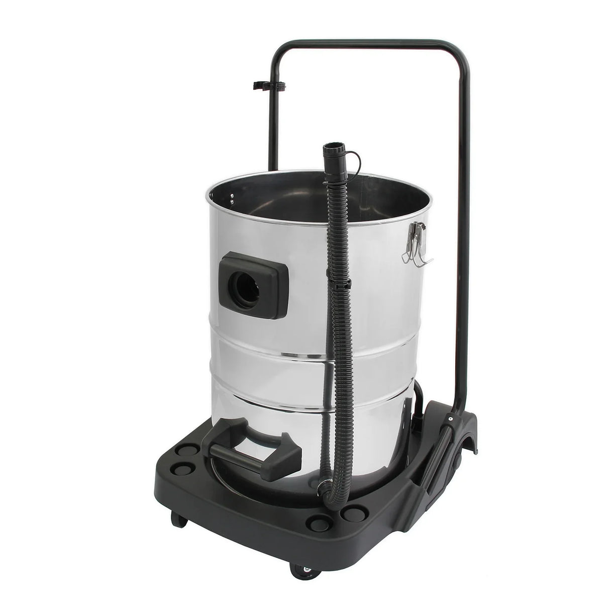 MAXBLAST 80L industrial vacuum with a shiny silver metal body, black base, and flexible hose attachment for efficient cleaning