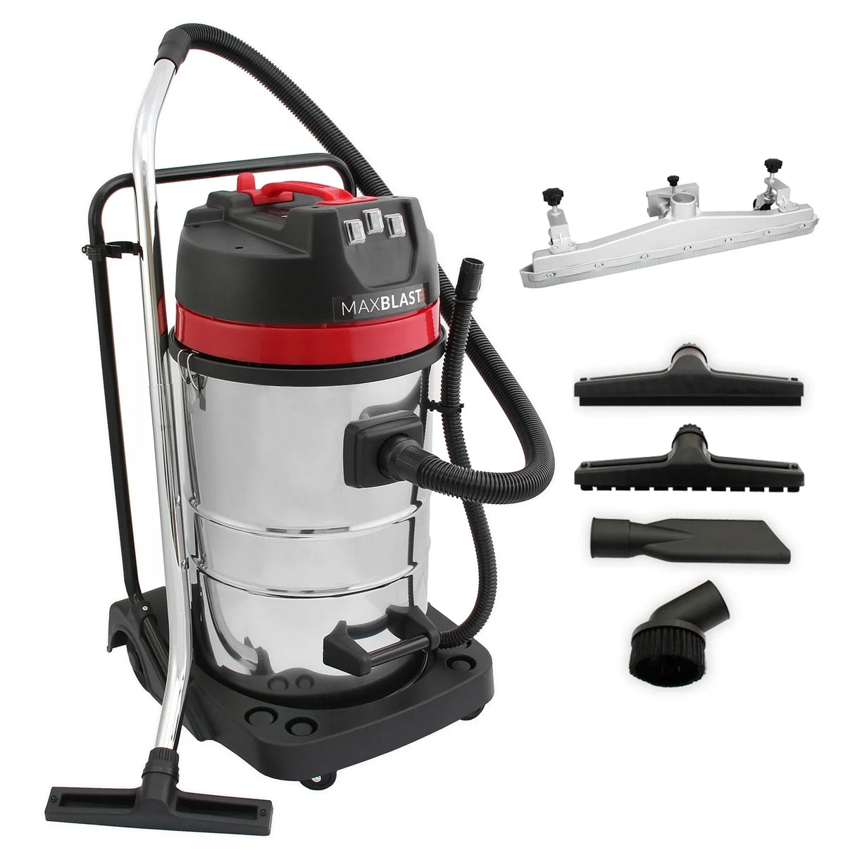 MAXBLAST 80L industrial vacuum with shiny stainless steel body, red accents, and various floor nozzle attachments for versatile cleaning