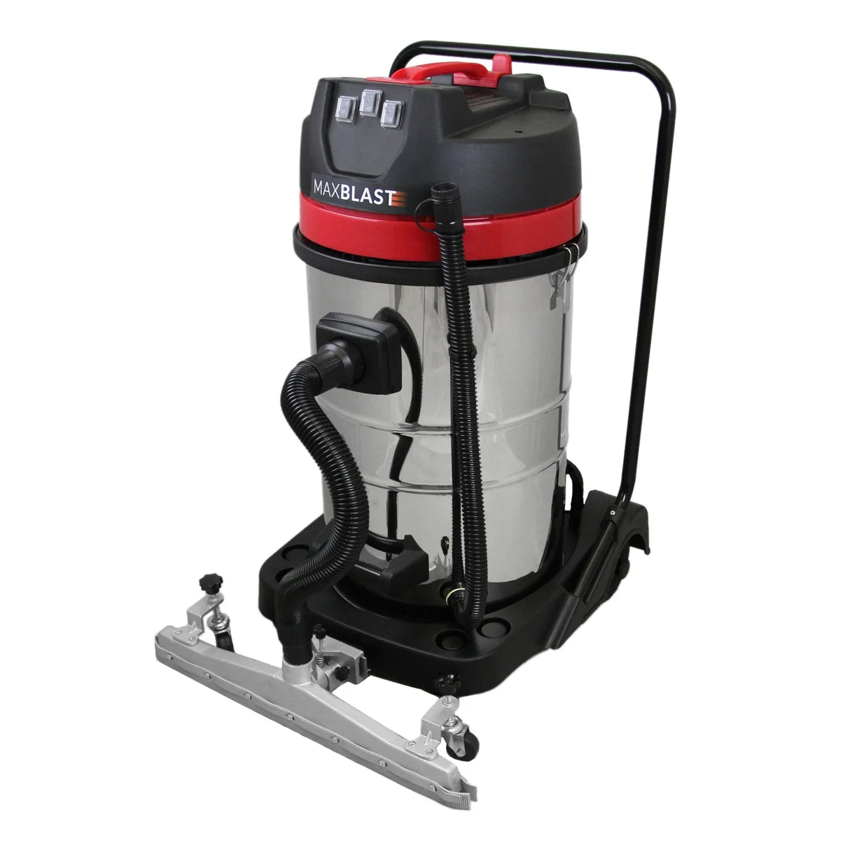 MAXBLAST 80L industrial vacuum with a shiny stainless steel body, red accents, and a floor nozzle attachment for efficient cleaning