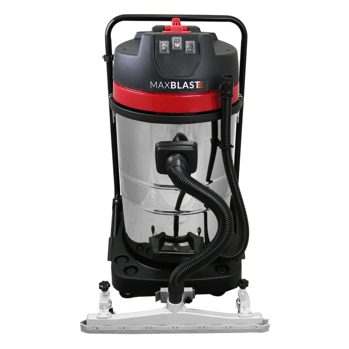 MAXBLAST 80L industrial vacuum with a shiny stainless steel body, red accents, and a floor nozzle attachment for versatile cleaning