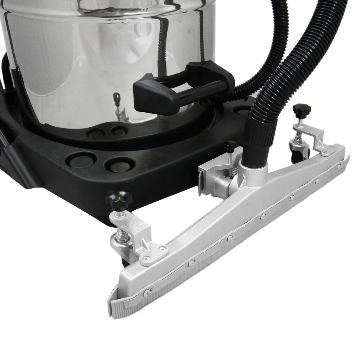MAXBLAST 80L industrial vacuum with shiny stainless steel body, black base, and durable floor nozzle attachment for efficient cleaning