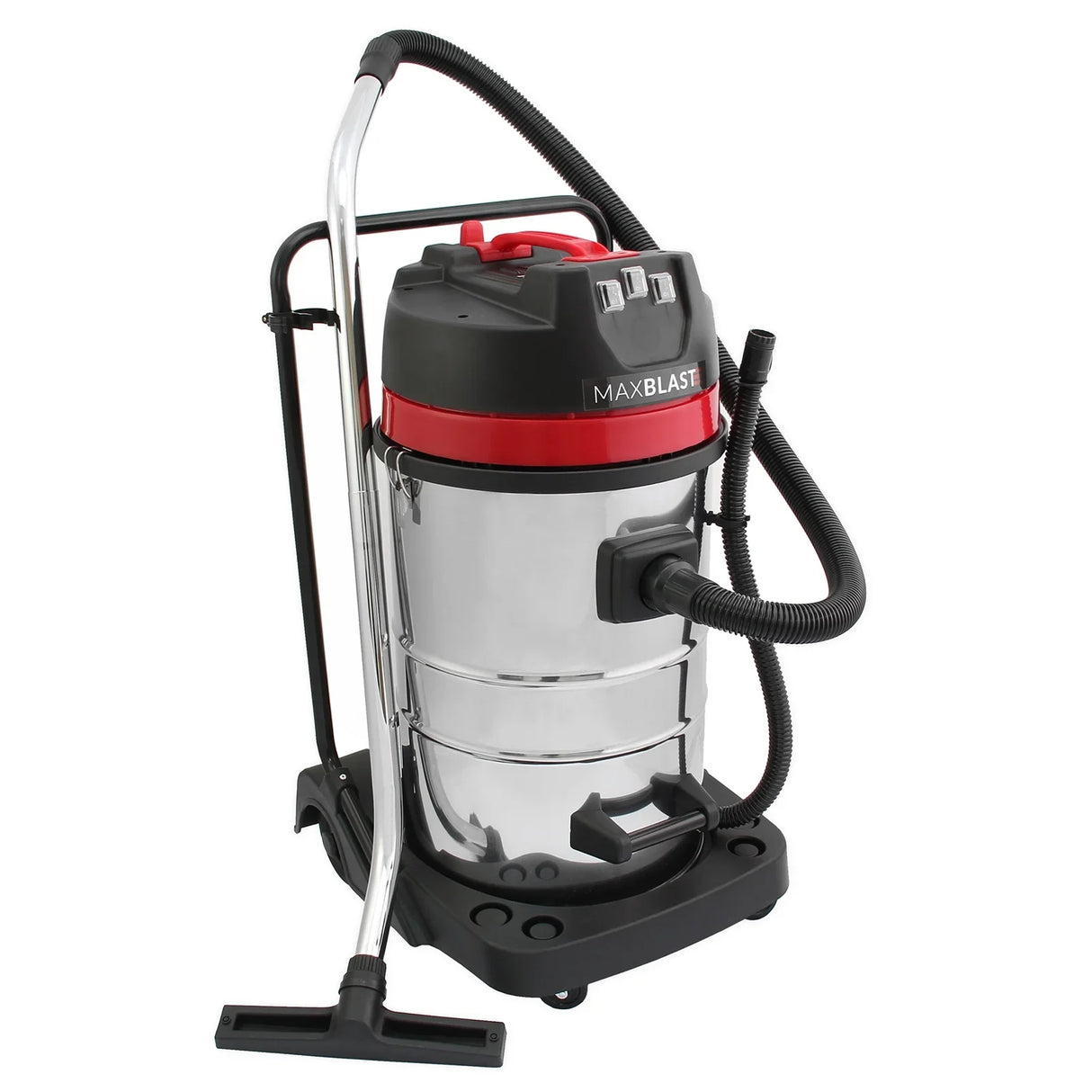 MAXBLAST 80L industrial vacuum features a shiny stainless steel body, red accents, a floor nozzle attachment, and a sturdy design for heavy-duty cleaning
