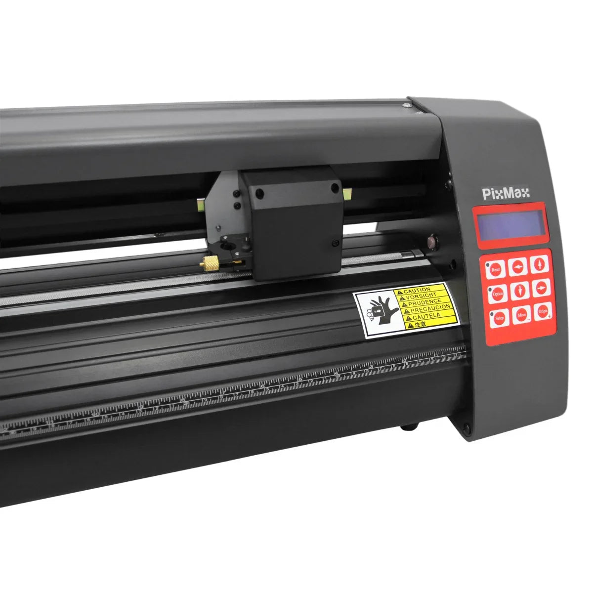 Vinyl cutter with a sleek black design, featuring a digital control panel and precision cutting blade for detailed projects
