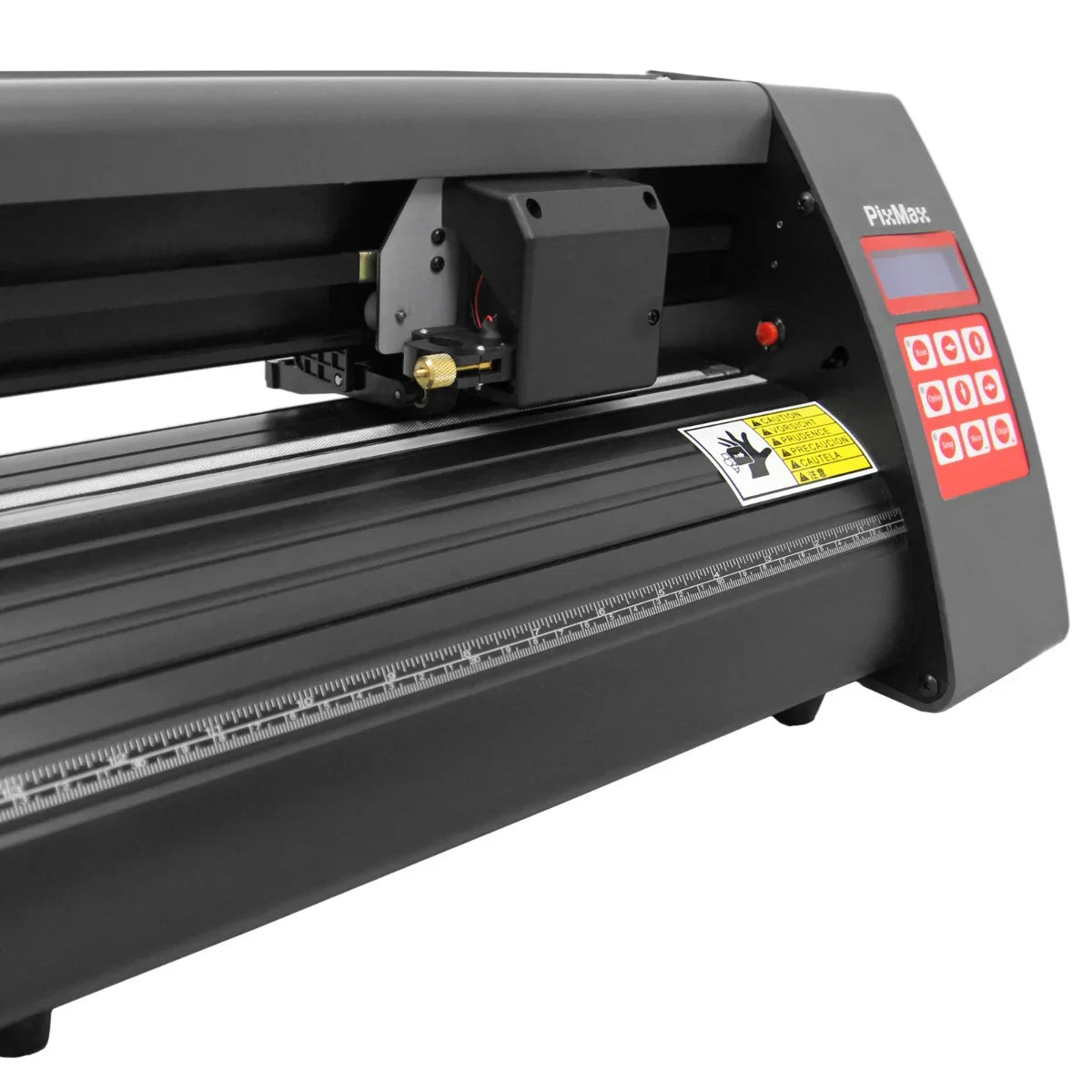 Vinyl cutter with a sleek black design, featuring a digital control panel and precision cutting blade for detailed designs