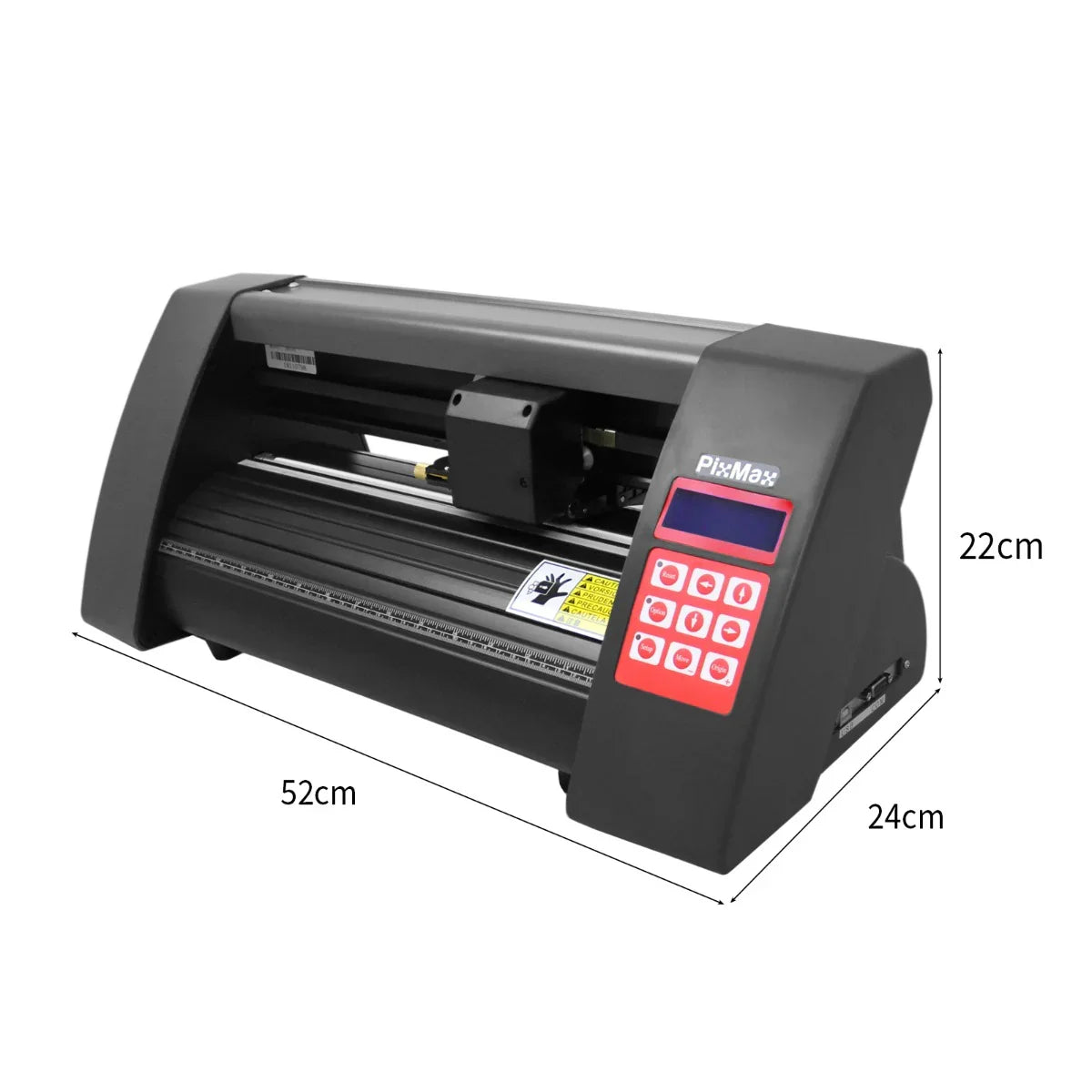 Vinyl cutter 360mm in sleek black design, featuring a control panel with red buttons, measuring 52cm x 24cm x 22cm