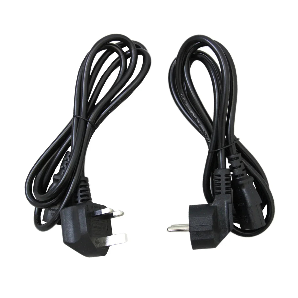 Two black power cables for a vinyl cutter, featuring different plug types, showcasing durable material and flexible design