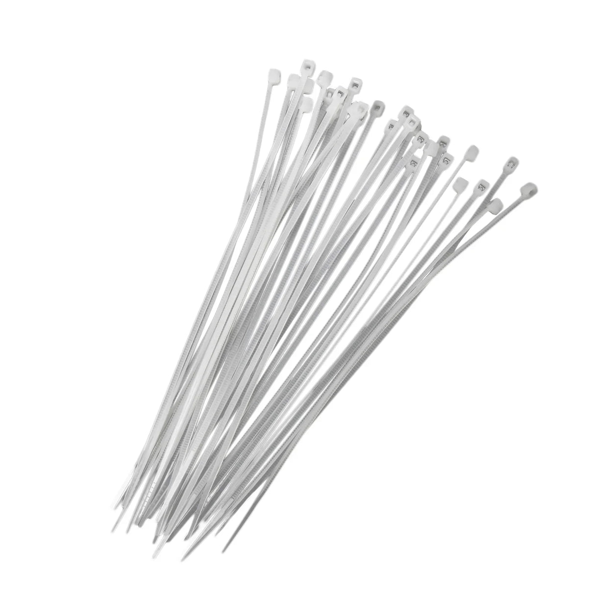 White plastic cable ties arranged neatly, showcasing their sturdy design and versatility for securing items in various applications