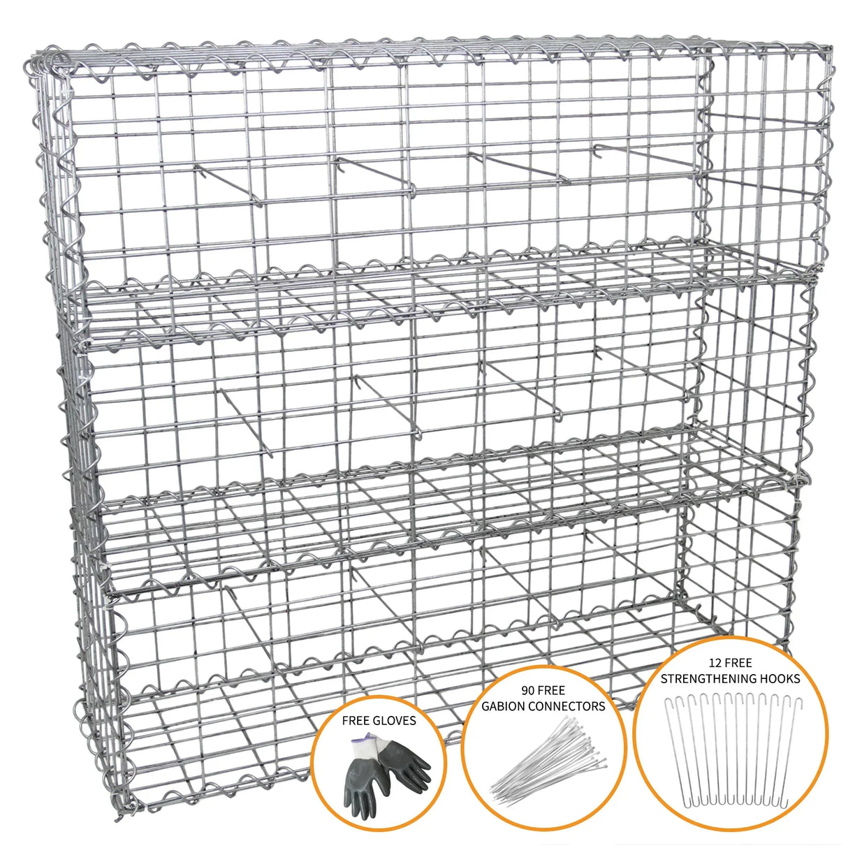 Galvanized steel gabion baskets, 100 x 30 x 30cm, with three tiers, includes gloves, connectors, and strengthening hooks for stability