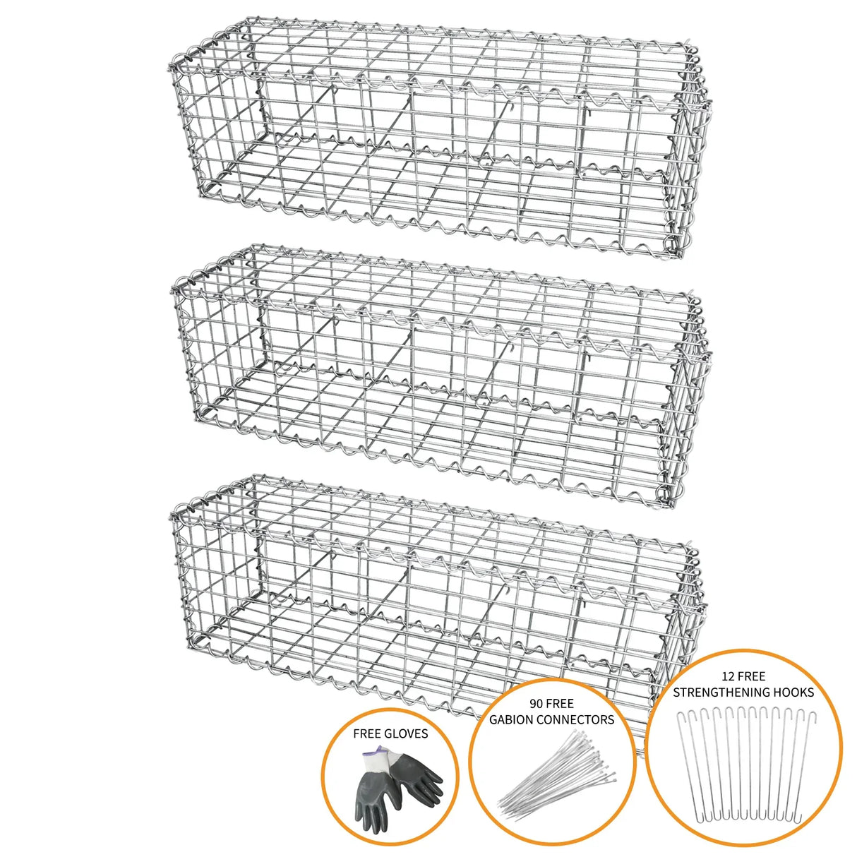 Galvanized steel gabion baskets, 100 x 30 x 30cm, three-pack, featuring sturdy wire mesh, ideal for landscaping and erosion control