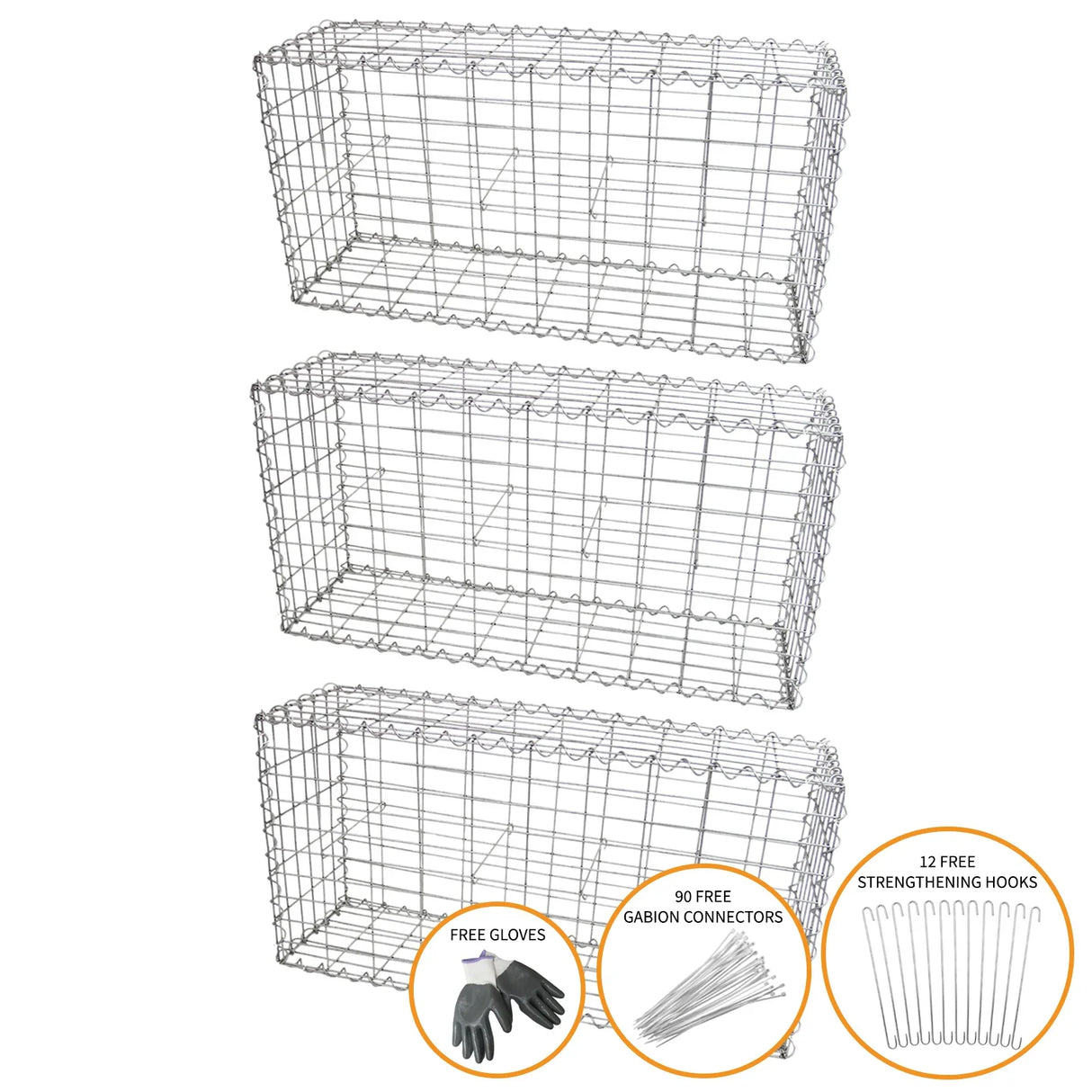 Galvanized steel gabion baskets, 100 x 50 x 30cm, three-pack, includes gloves, connectors, and hooks for easy assembly and use