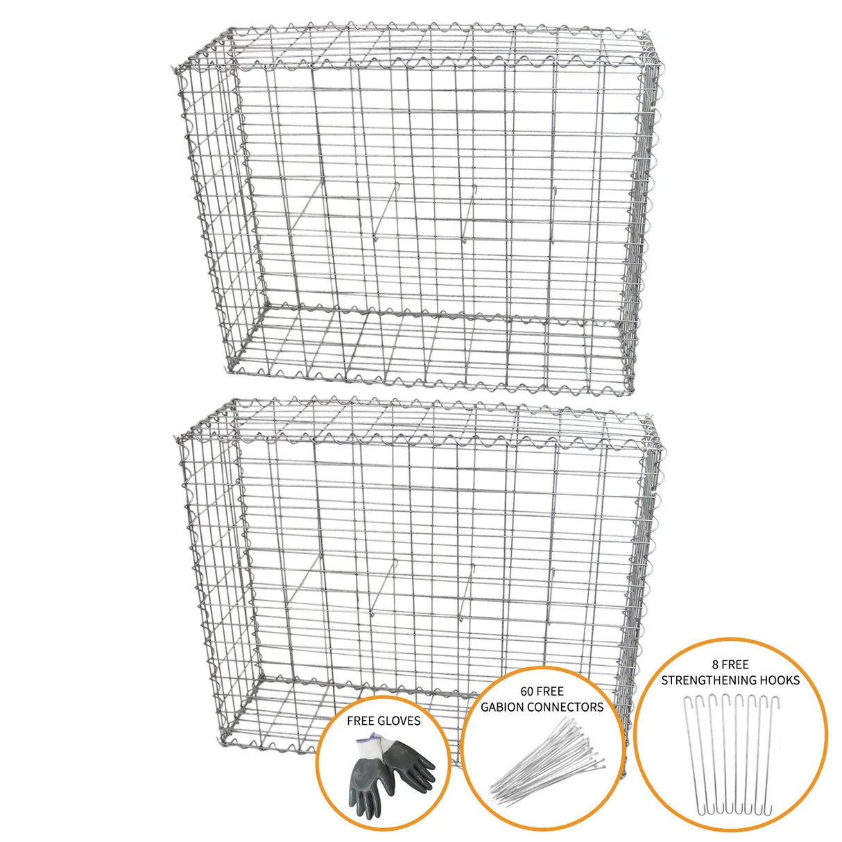 Galvanized steel gabion baskets, 100 x 80 x 30cm, featuring a sturdy wire mesh design, includes gloves, connectors, and hooks
