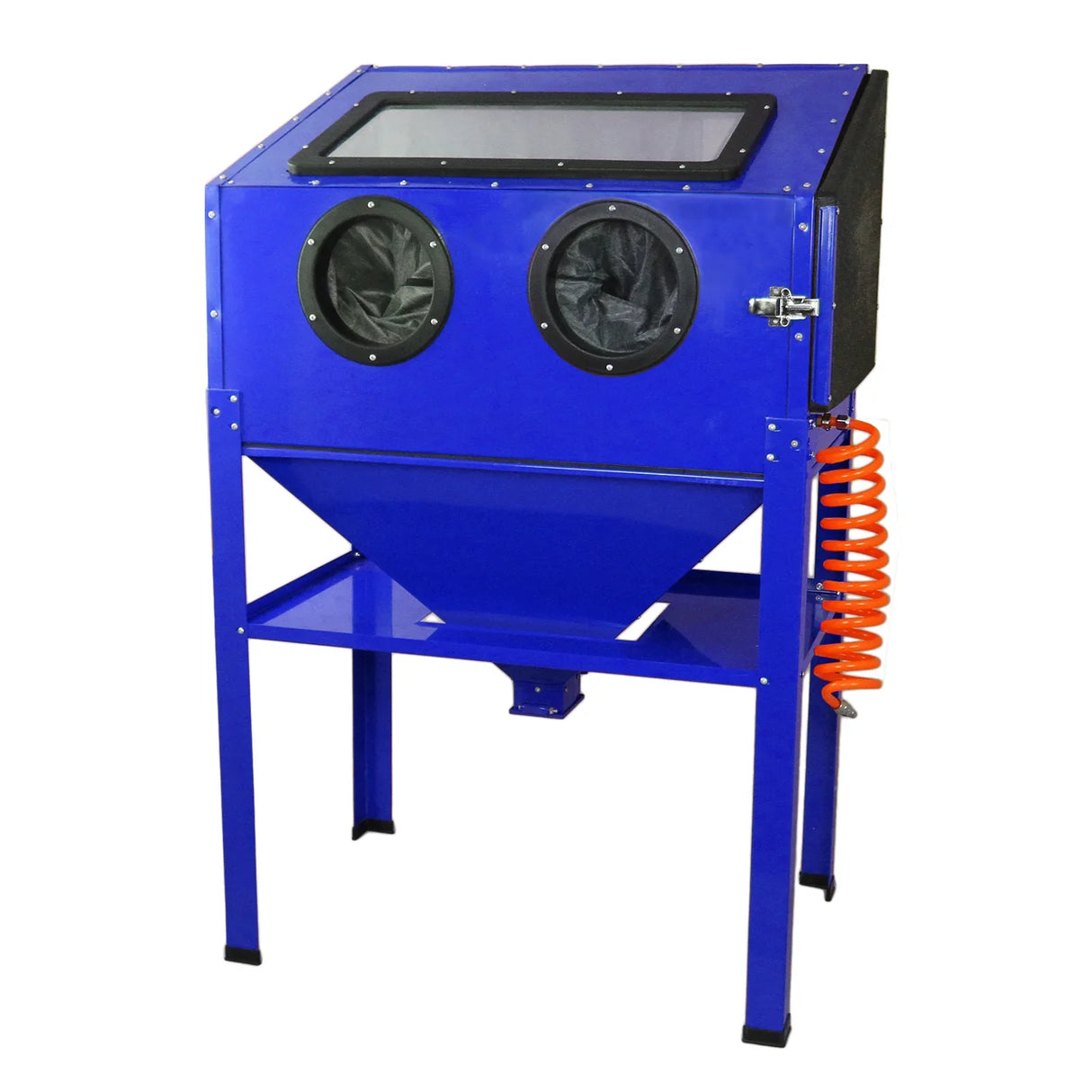 MAXBLAST Sandblasting Cabinet 220L in vibrant blue with dual viewing windows, sturdy metal frame, and flexible orange hose for efficient sandblasting