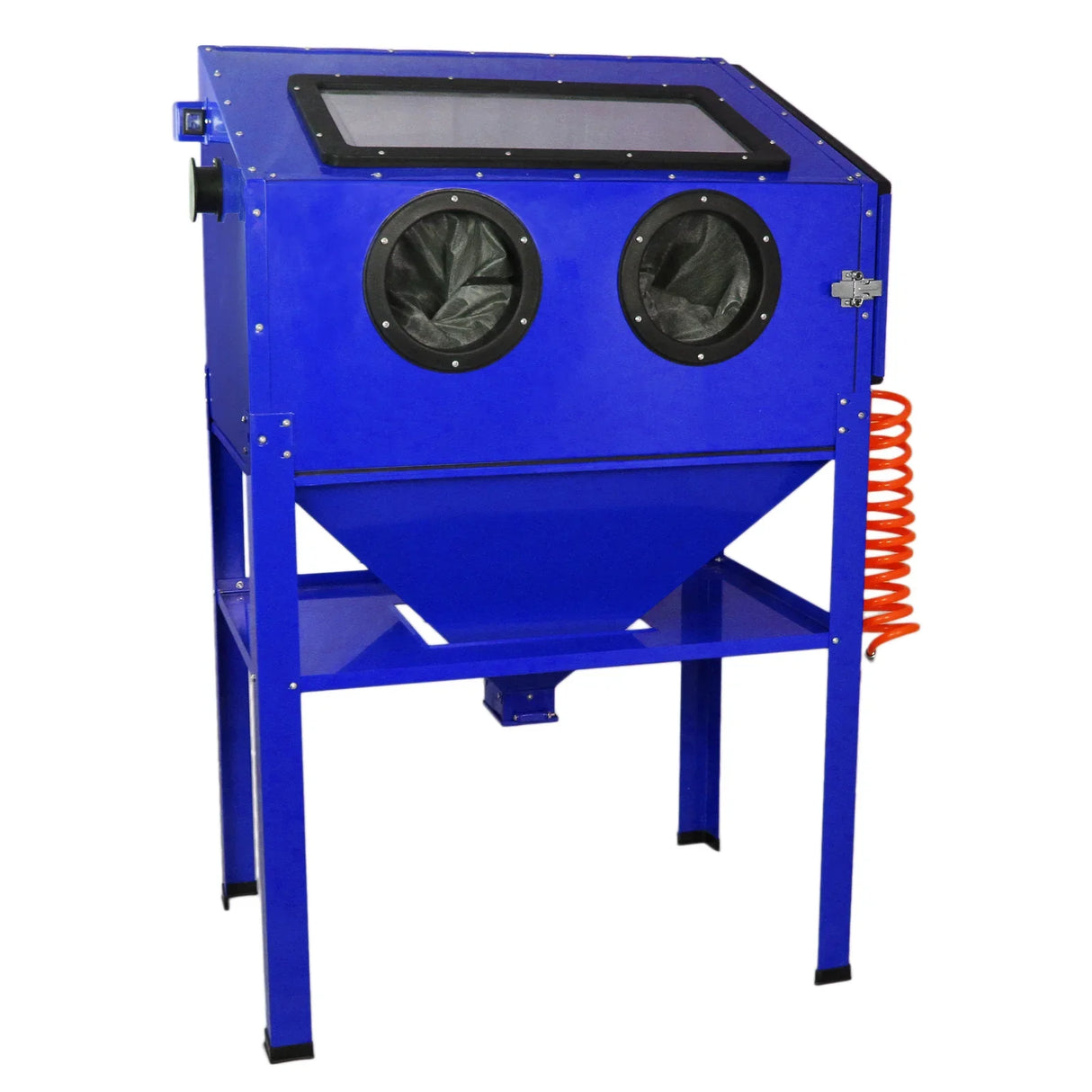 MAXBLAST Sandblasting Cabinet 220L in bright blue, featuring two viewing windows, a sturdy base, and an orange air hose for efficient sandblasting