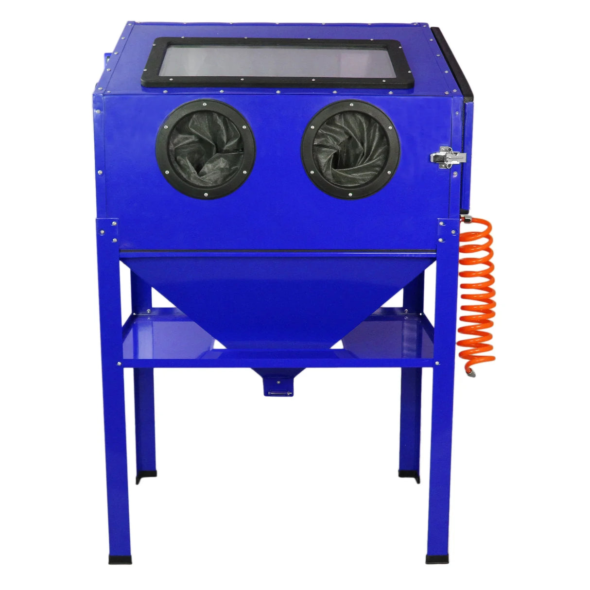 MAXBLAST Sandblasting Cabinet 220L in vibrant blue with dual viewing ports, sturdy metal frame, and flexible orange air hose attached