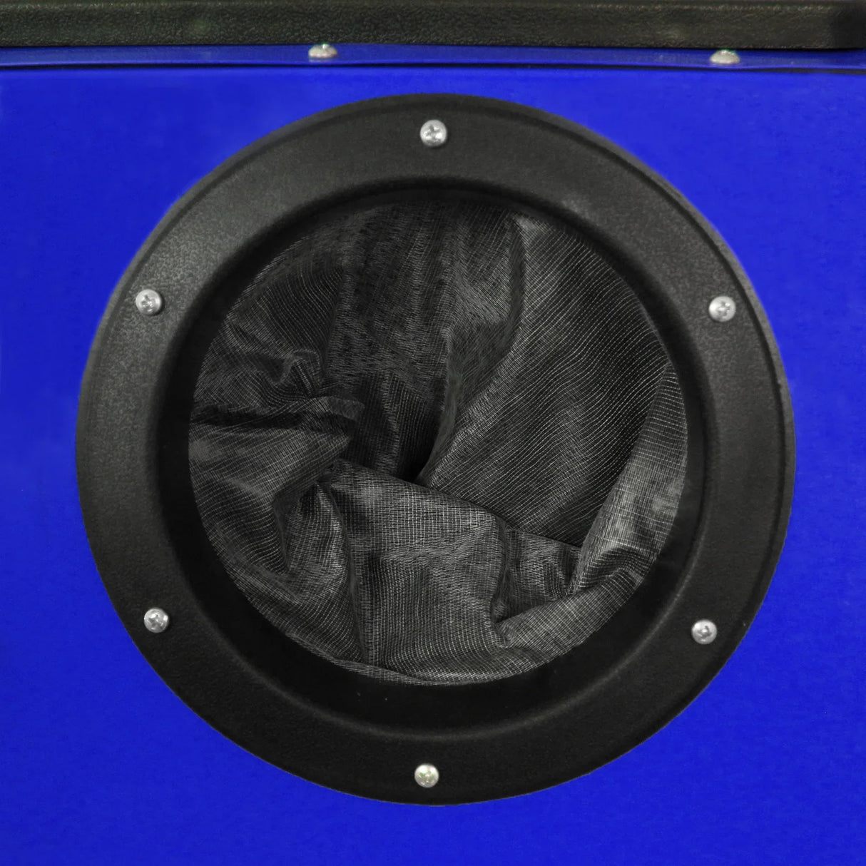 MAXBLAST Sandblasting Cabinet 220L features a round black mesh filter with a sturdy frame, set against a vibrant blue cabinet background