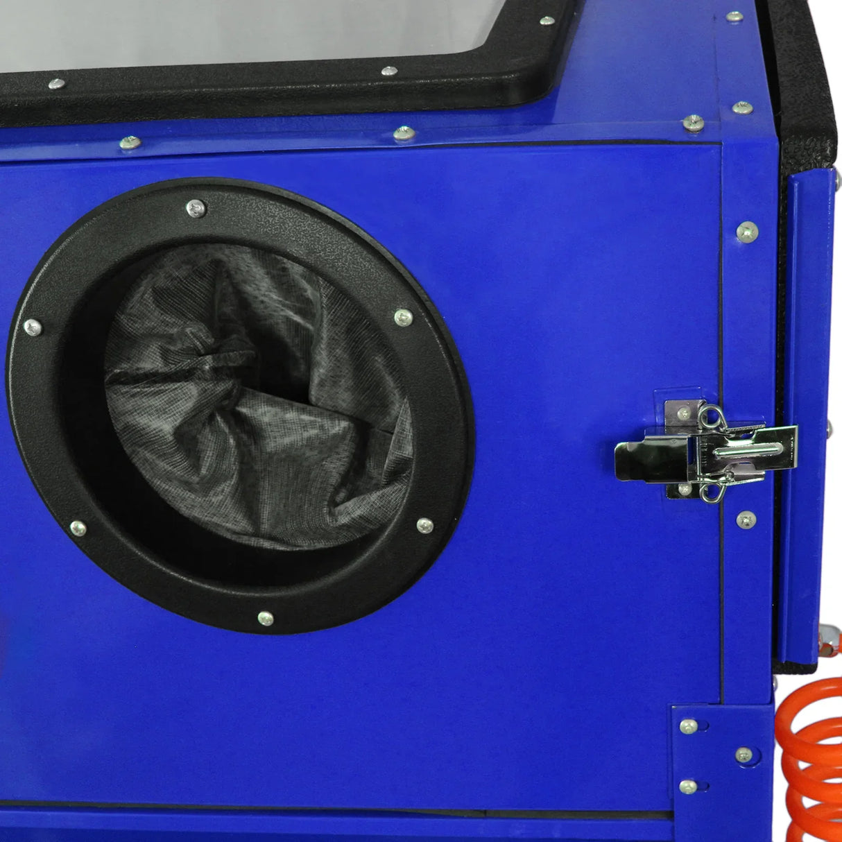 MAXBLAST Sandblasting Cabinet 220L featuring a vibrant blue exterior, a round access port with a textured black cover, and an air hose attachment