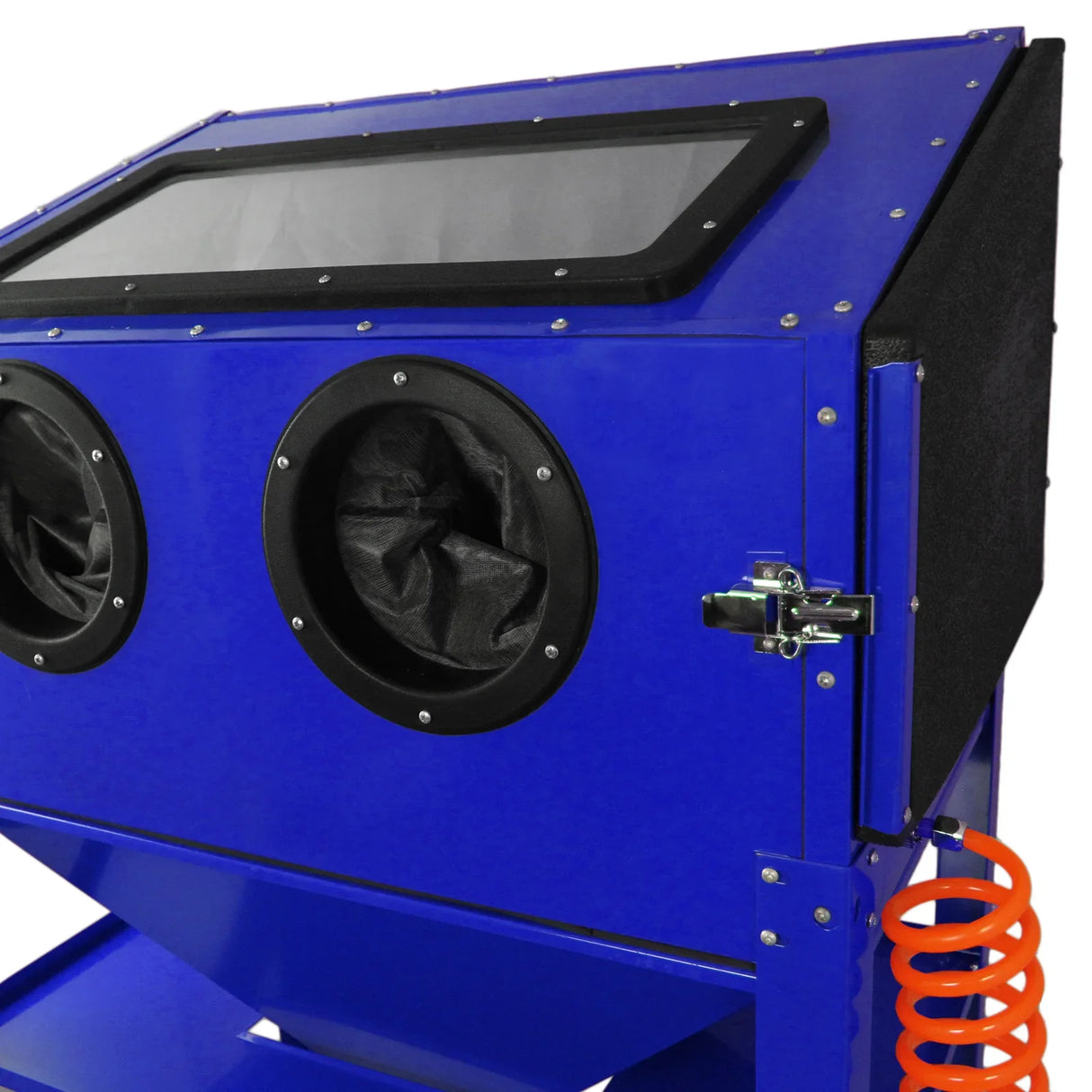 MAXBLAST Sandblasting Cabinet 220L in vibrant blue with a large viewing window, dual circular ports, and textured surface for durability