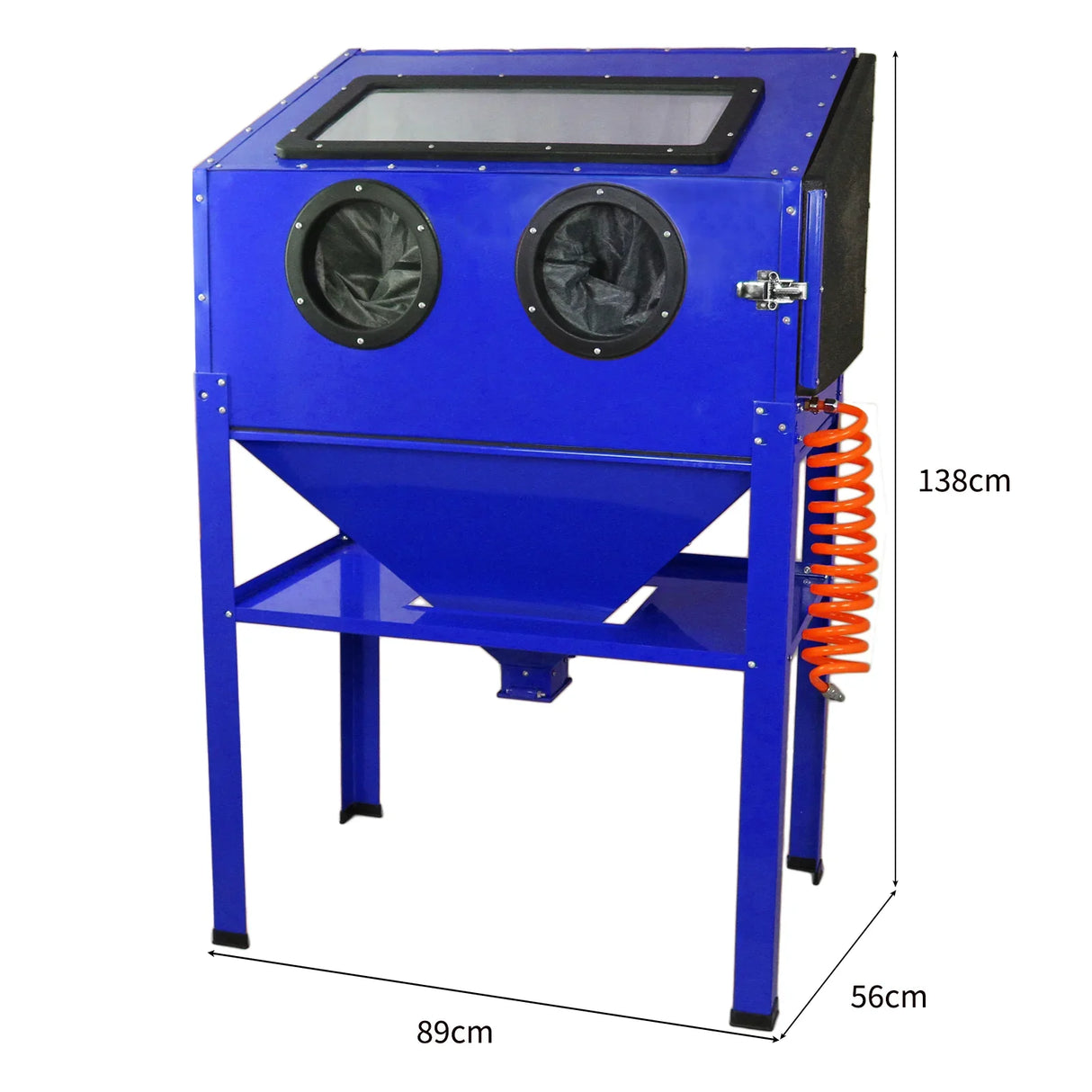 MAXBLAST Sandblasting Cabinet 220L in vibrant blue, featuring two viewing windows, a sturdy base, and a flexible hose for efficient sandblasting