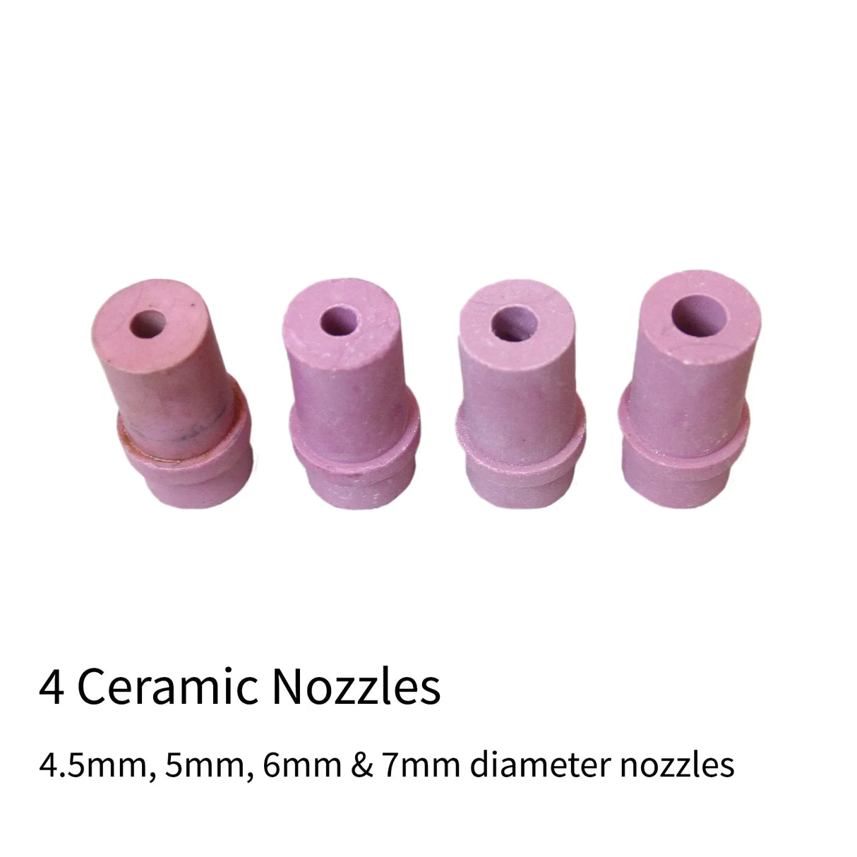 Four ceramic nozzles in varying diameters (4.5mm, 5mm, 6mm, 7mm) with a smooth, durable finish, ideal for MAXBLAST sandblasting cabinet