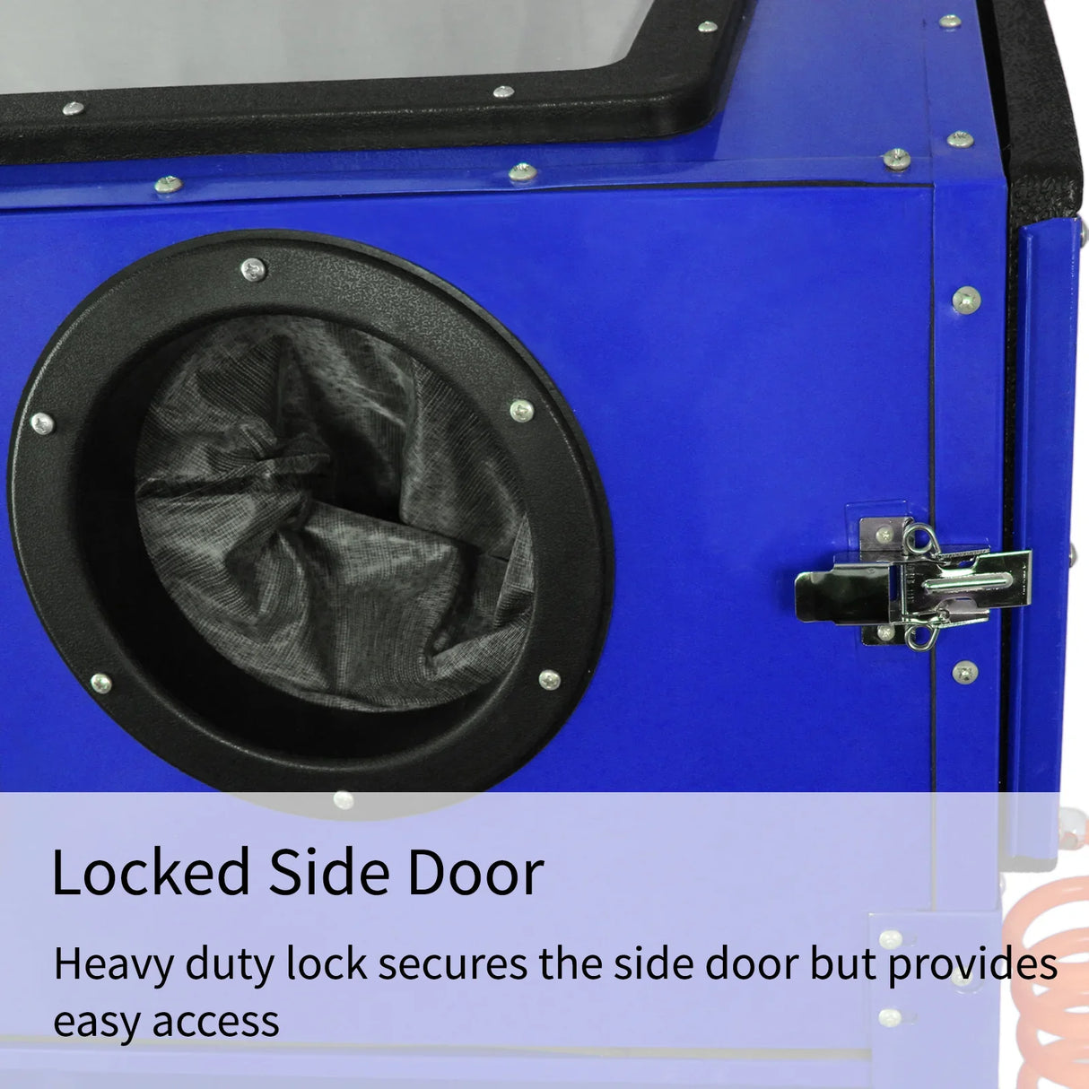MAXBLAST Sandblasting Cabinet 220L features a heavy-duty locked side door with a secure latch and easy access for efficient use