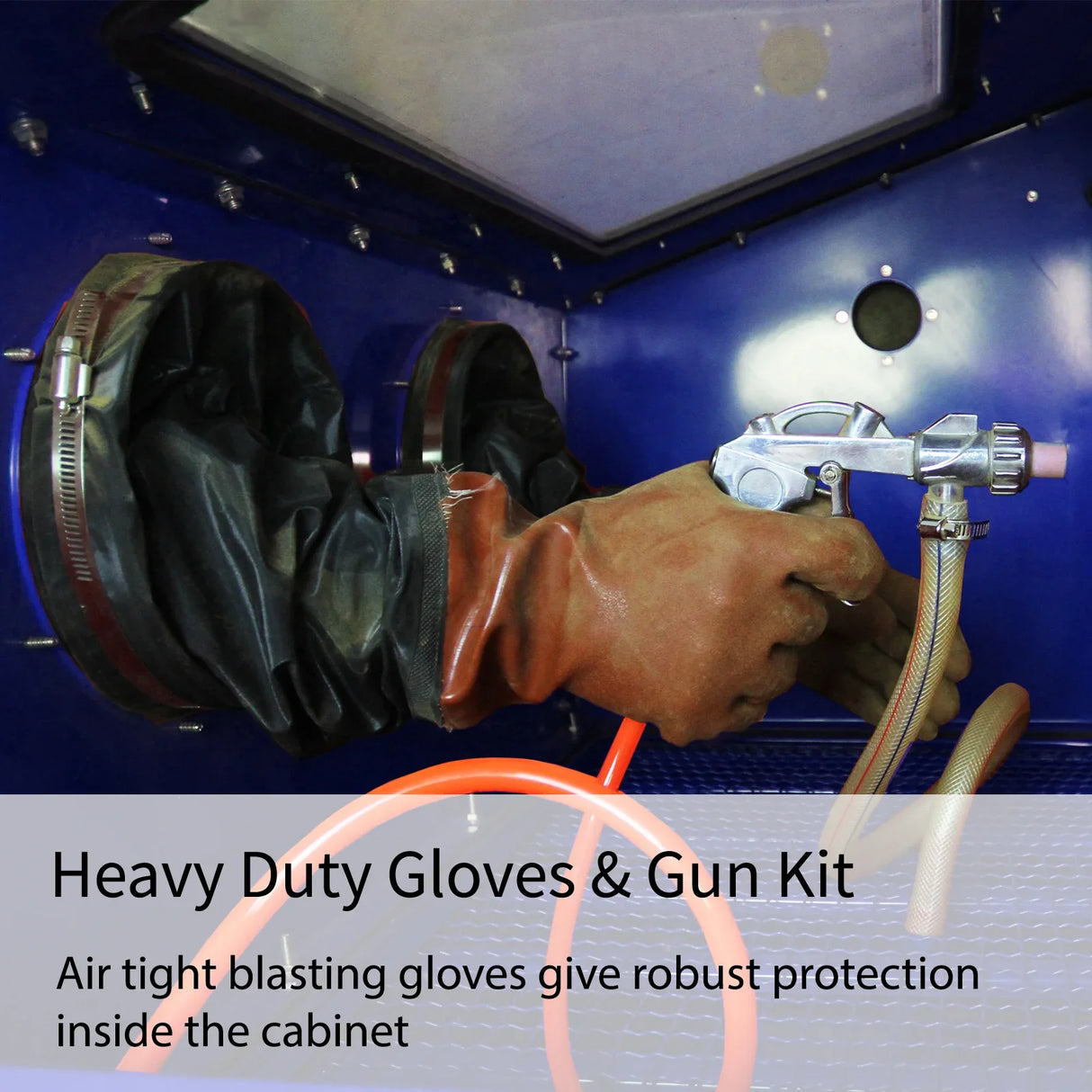 Heavy duty gloves and gun kit for MAXBLAST Sandblasting Cabinet 220L, showcasing airtight protection and vibrant orange hose