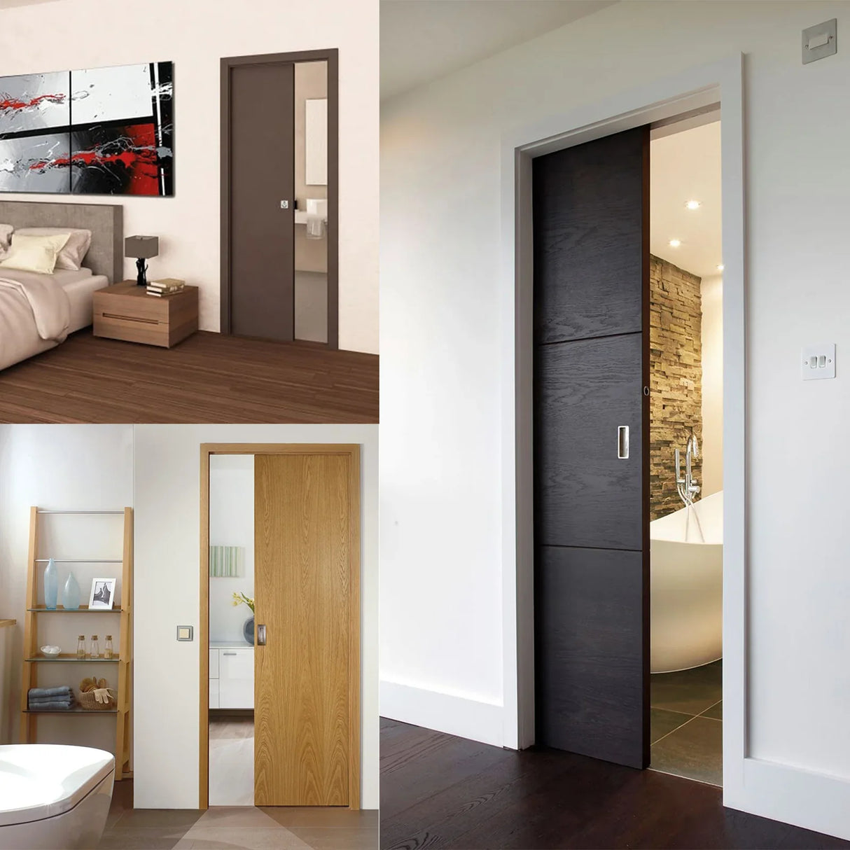 Hideaway Single Pocket Door Kit featuring sleek designs in dark wood and light oak, ideal for modern interiors and space-saving solutions