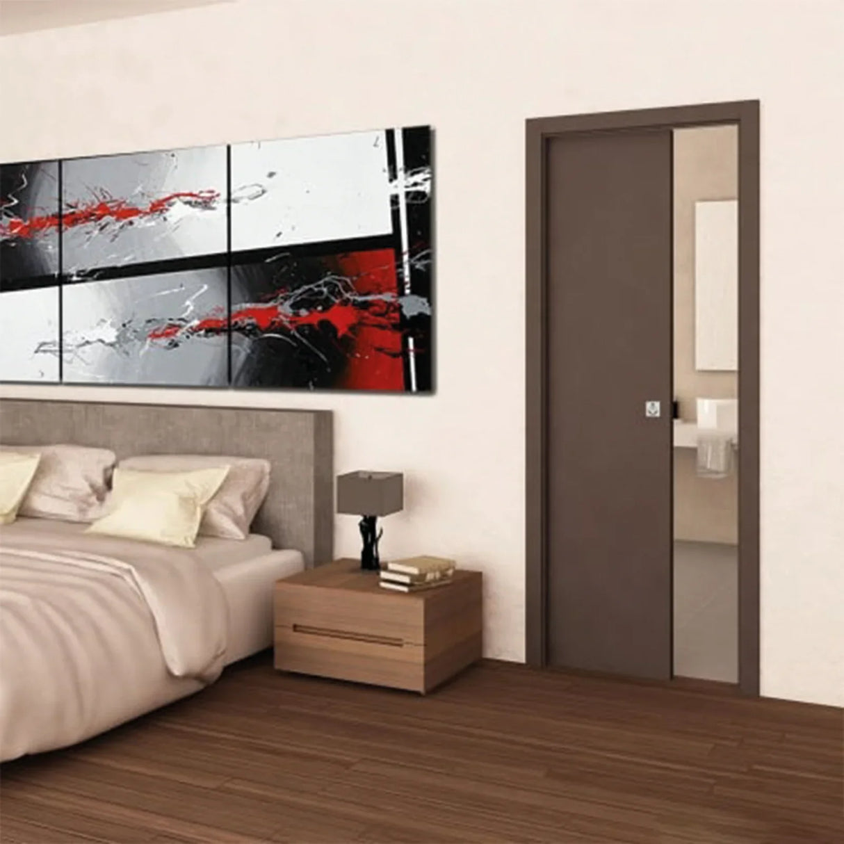 Hideaway Single Pocket Door Kit in a modern bedroom, featuring a sleek brown door next to a stylish nightstand and abstract wall art