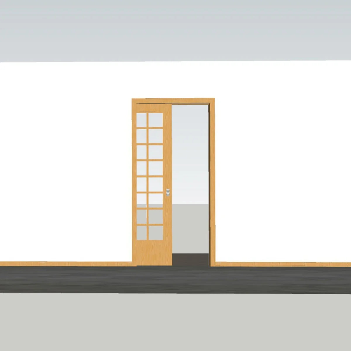 Hideaway Single Pocket Door Kit featuring a light wood frame with glass panels, designed for seamless interior space-saving solutions