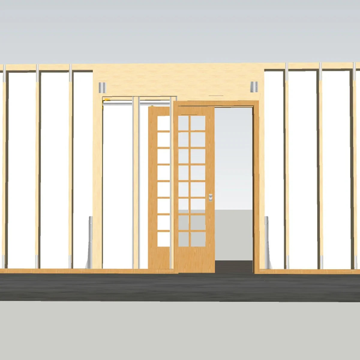 Hideaway Single Pocket Door Kit featuring a wooden door with glass panels, sleek tracks, and a modern design for space-saving solutions