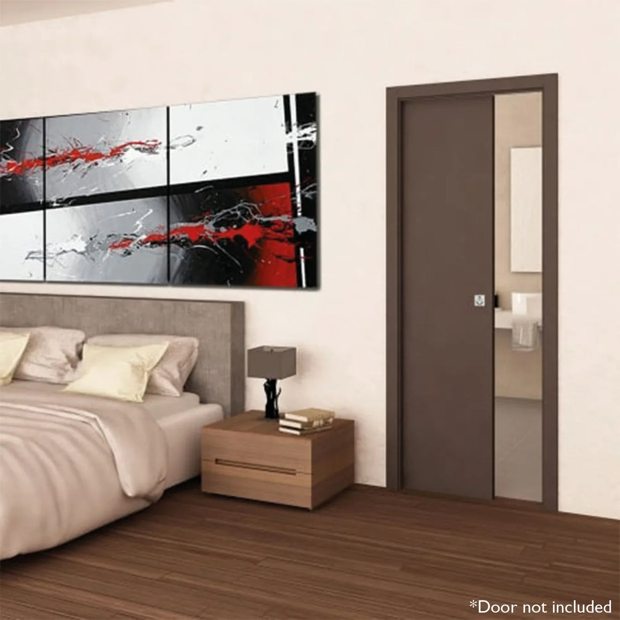 Hideaway Single Pocket Door Kit displayed in a modern bedroom with a sleek brown door, wooden flooring, and abstract wall art