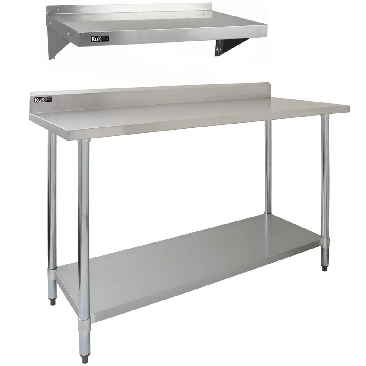 5ft stainless steel catering bench with a smooth surface, sturdy legs, and two wall-mounted shelves for efficient storage and workspace