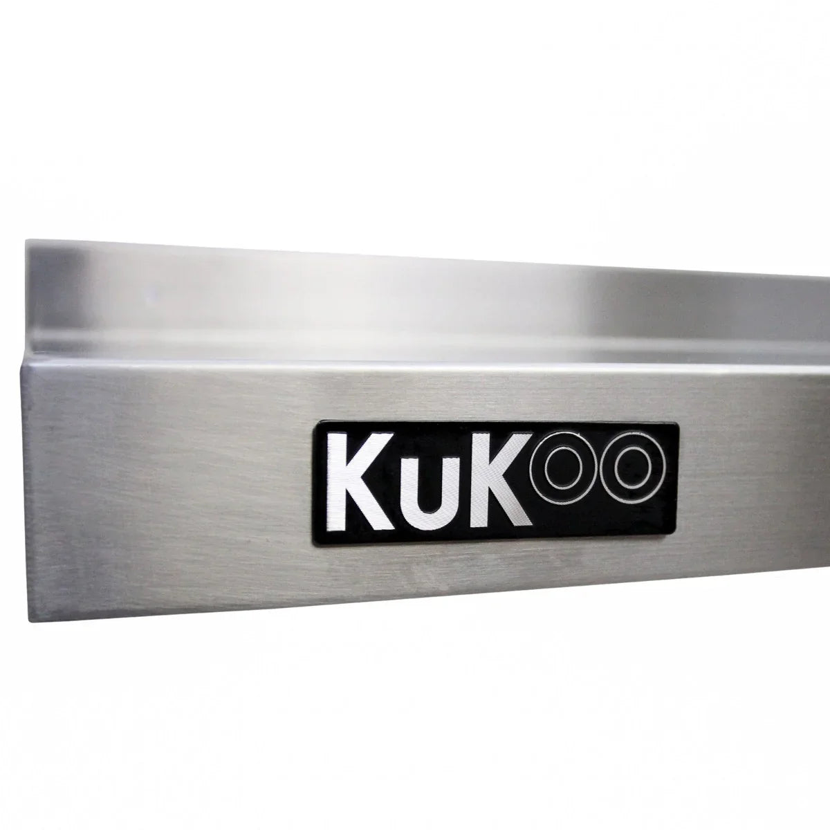 Stainless steel wall-mounted shelf featuring a sleek design, smooth finish, and the KuKOO logo for commercial kitchen use