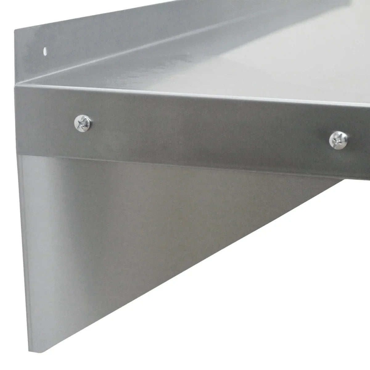 Close-up of a stainless steel wall-mounted shelf featuring a sleek, brushed finish and sturdy brackets for secure installation