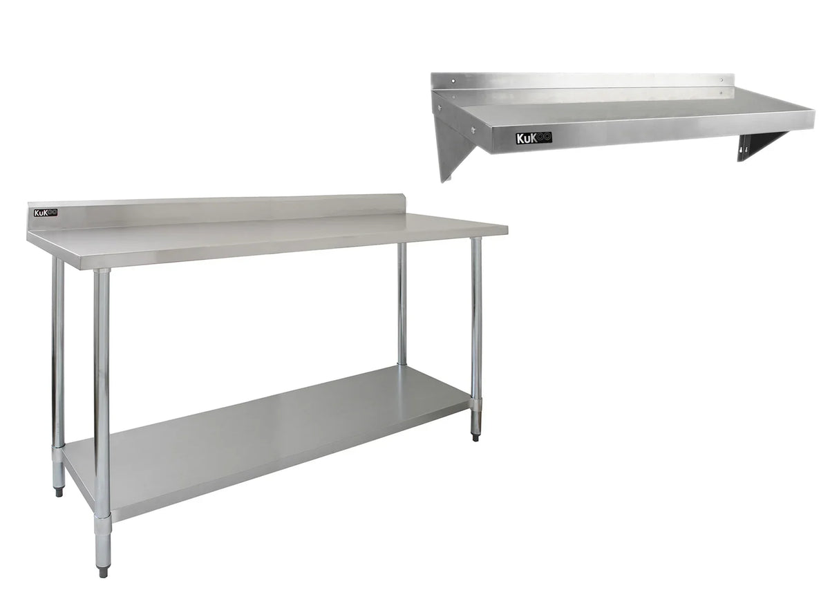 6ft stainless steel catering bench with a smooth surface and sturdy legs, accompanied by two wall-mounted shelves for efficient storage