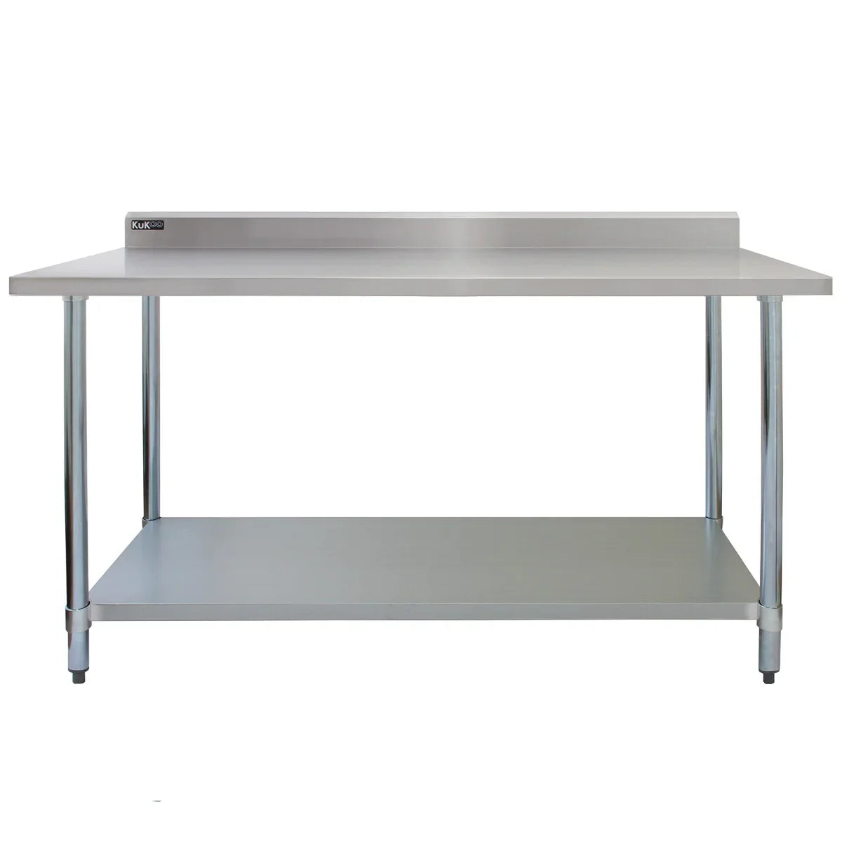6ft stainless steel catering bench with a smooth surface, sturdy legs, and a wall-mounted shelf for efficient kitchen storage