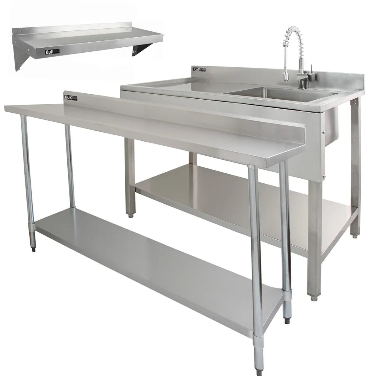 6ft stainless steel catering bench with left-hand drainer sink, two wall-mounted shelves, sleek finish, and sturdy legs