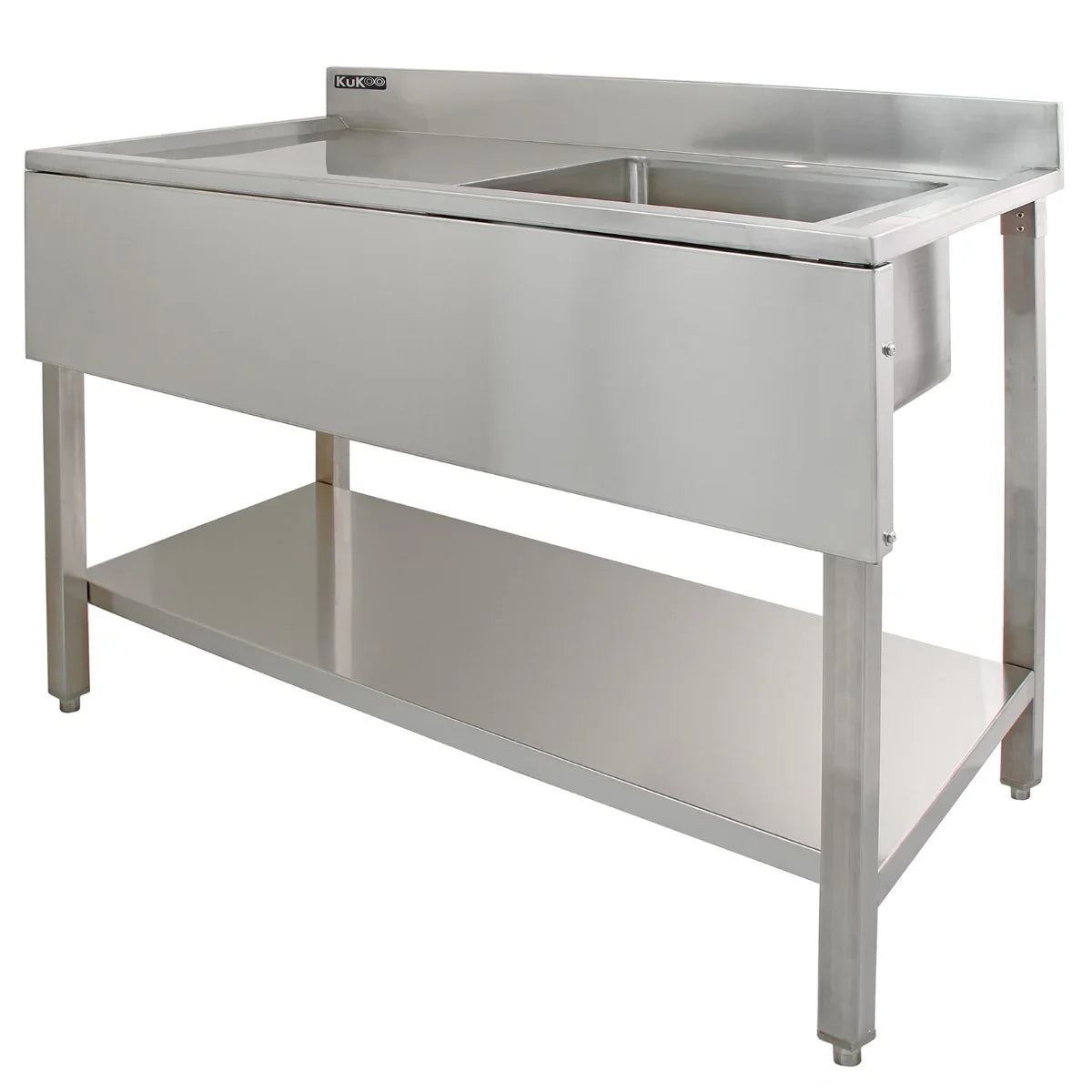 6ft stainless steel catering bench with left-hand drainer, two wall-mounted shelves, sleek surface, and durable construction
