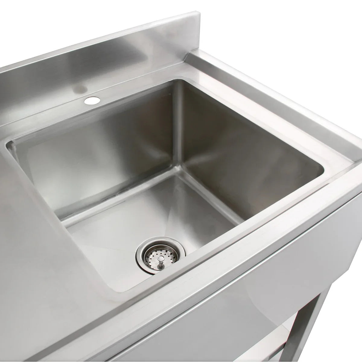 Stainless steel catering bench with a left-hand sink drainer, showcasing a polished finish and durable construction for commercial use