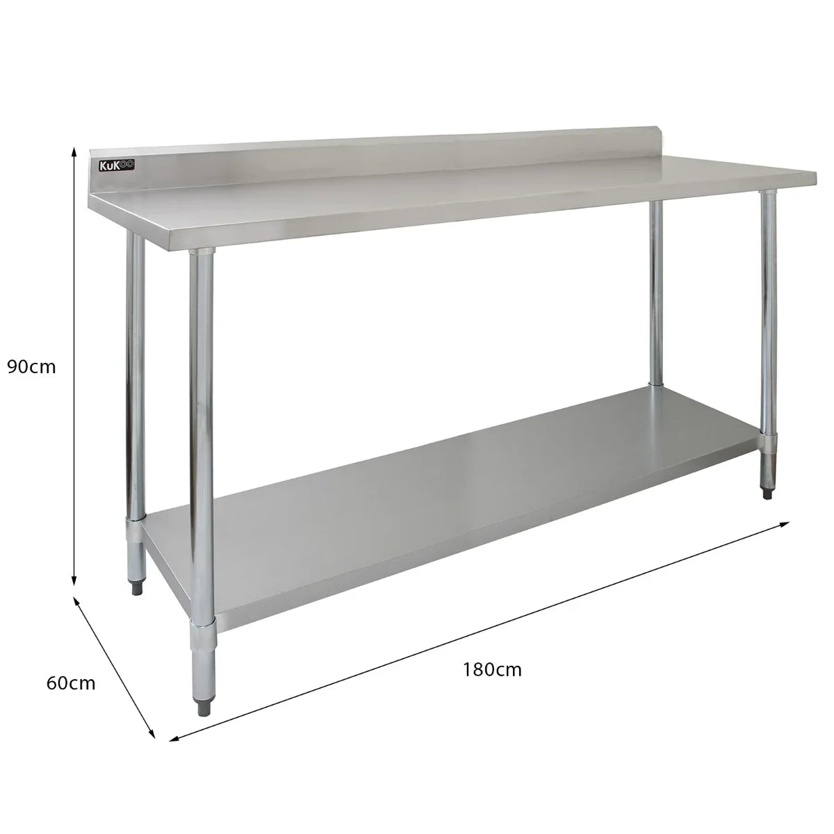6ft stainless steel catering bench with left-hand sink drainer, featuring two wall-mounted shelves and a sleek, polished finish