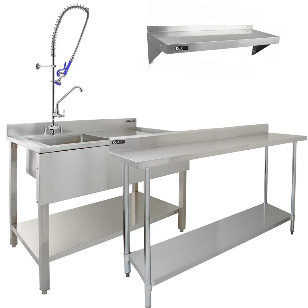 KuKoo commercial sink with pre-rinse tap, 6ft stainless steel catering bench, and two wall-mounted shelves for efficient workspace