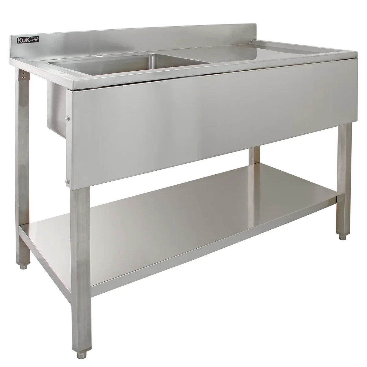 KuKoo 6ft stainless steel commercial sink with pre-rinse tap, featuring a sleek design and spacious wall-mounted shelves for efficient catering use
