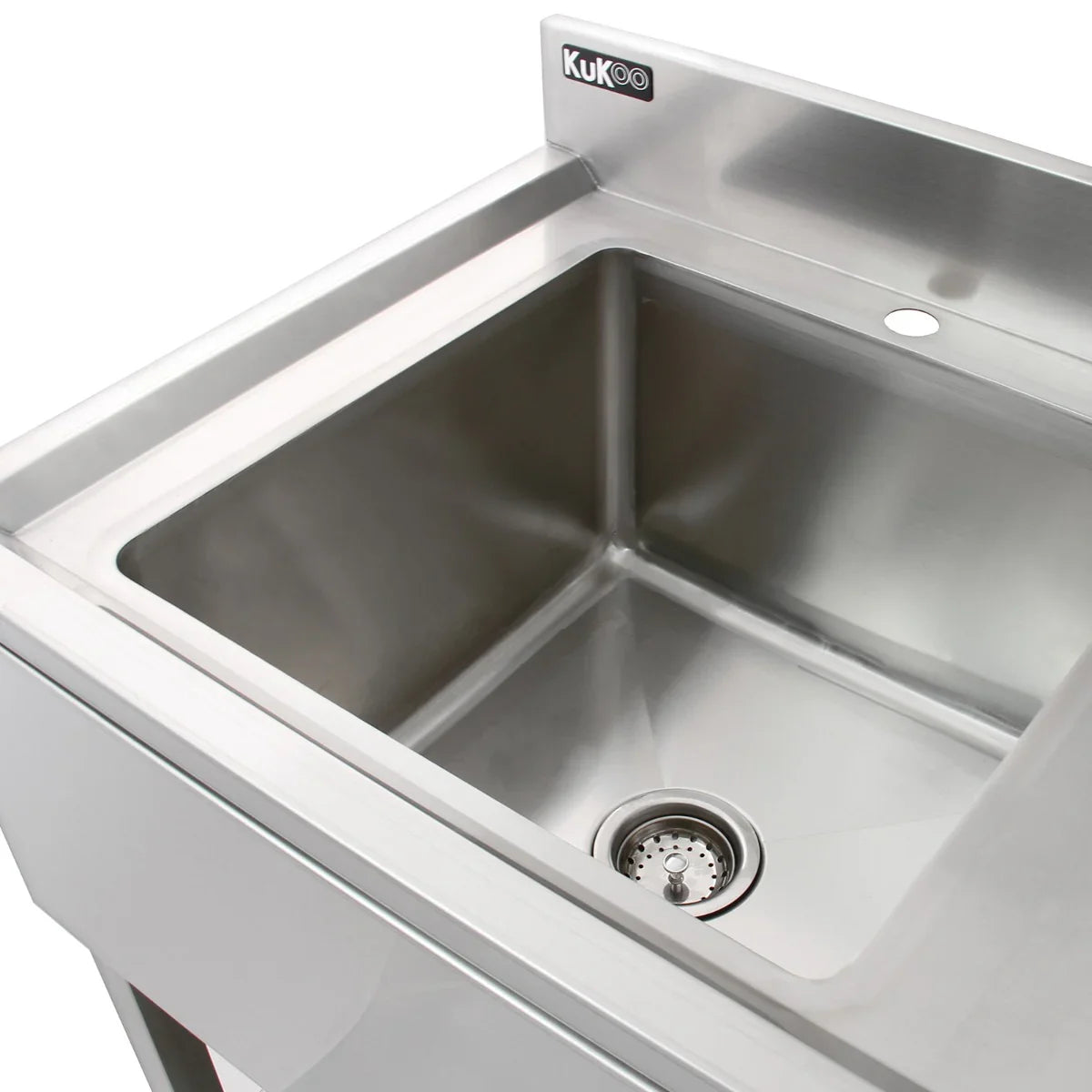 Stainless steel commercial sink with a pre-rinse tap, featuring a deep basin and polished finish, ideal for catering use