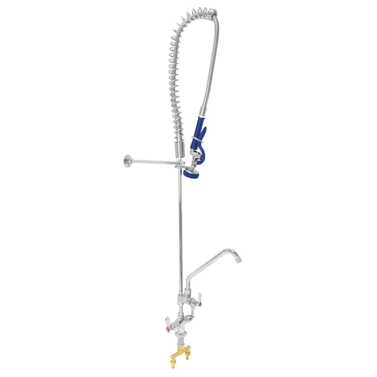 Stainless steel pre-rinse tap with flexible hose, featuring a sturdy wall-mounted design for efficient kitchen use