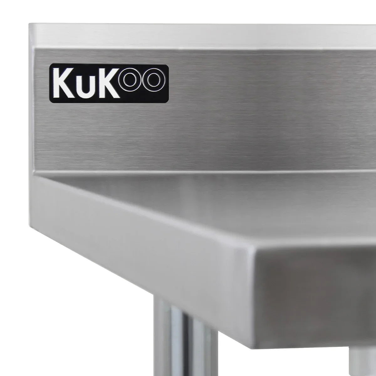 KuKoo stainless steel catering bench with smooth surface, featuring a pre-rinse tap and two wall-mounted shelves for efficient workspace